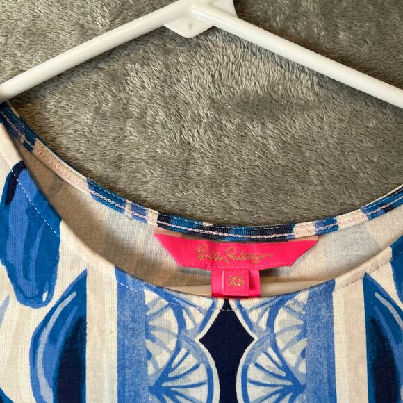 Lilly Pulitzer Shift Dress‎ Blue Palm Print with Bell Sleeves Sz XS - Picture 6 of 7